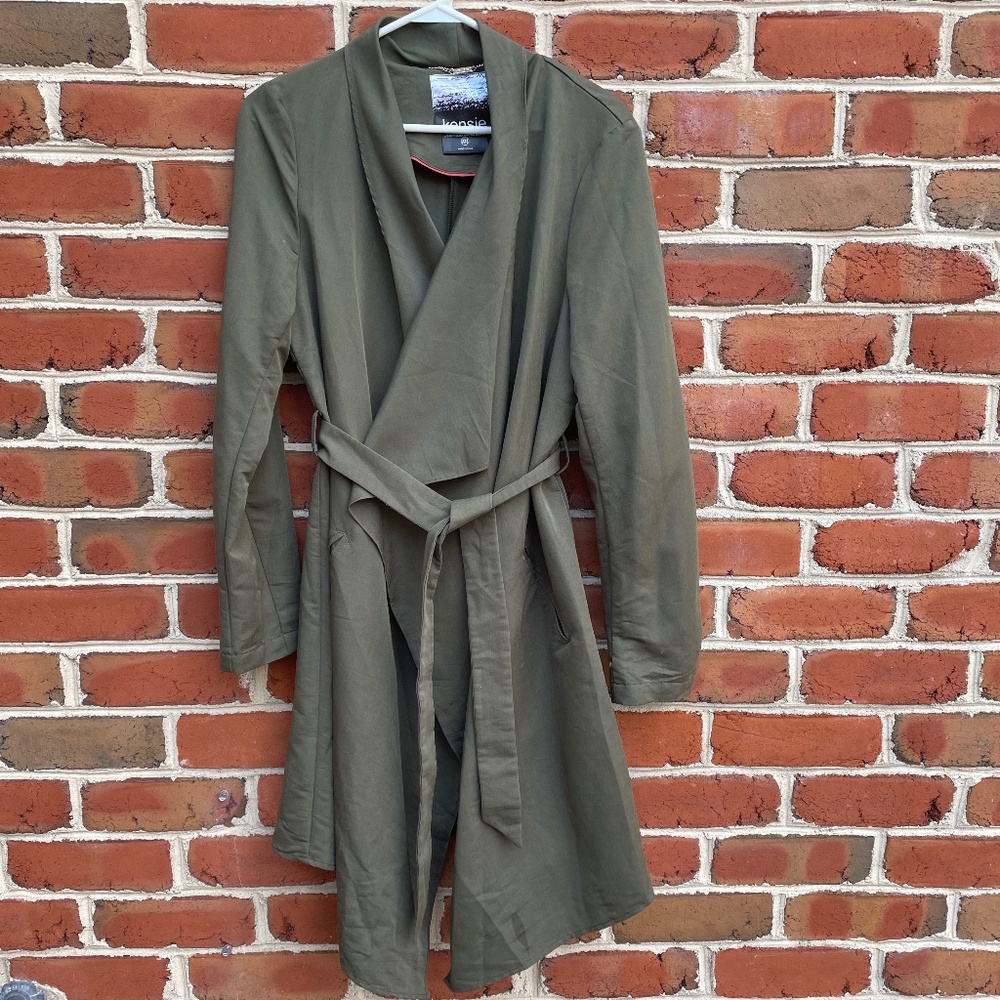 Kensie Olive Green Lightweight Belted Drape Front Trench Coat